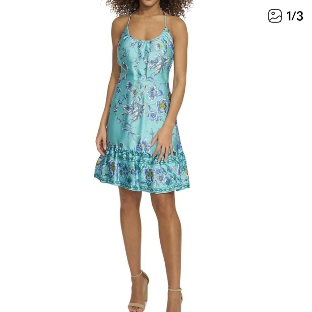 SIENA Floral Aqua  Halter Dress,          Size 6